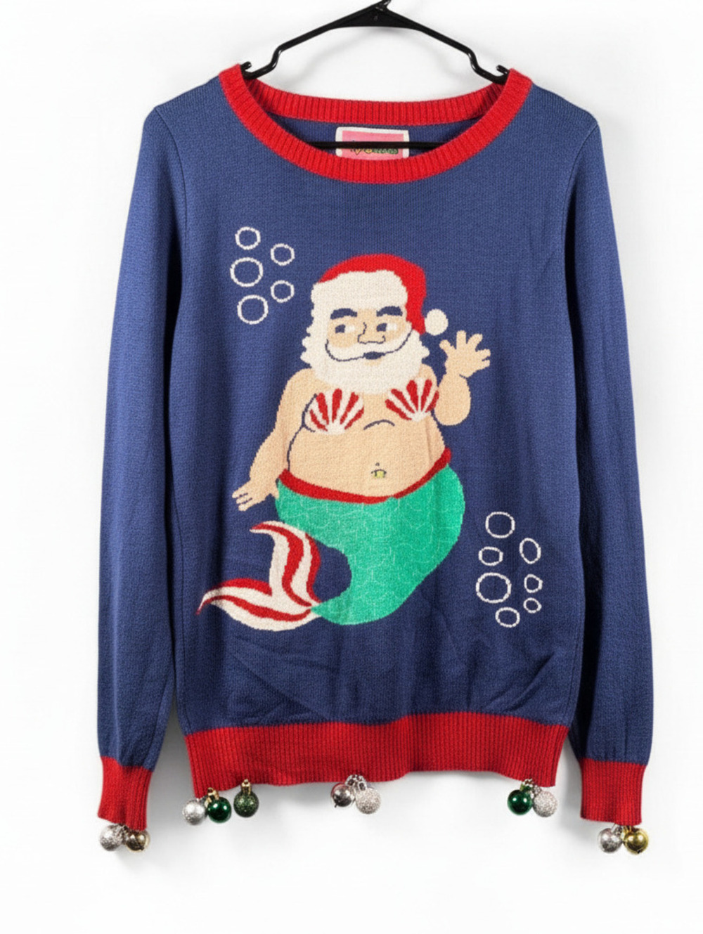 Tipsy Elves Women's Navy Blue Ugly Christmas Sweater with Santa Mermaid Design,